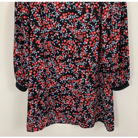 Loft Size S Long Sleeve Shift Dress Red Berry Floral Velvet Trim Cutout Fall - Picture 9 of 14